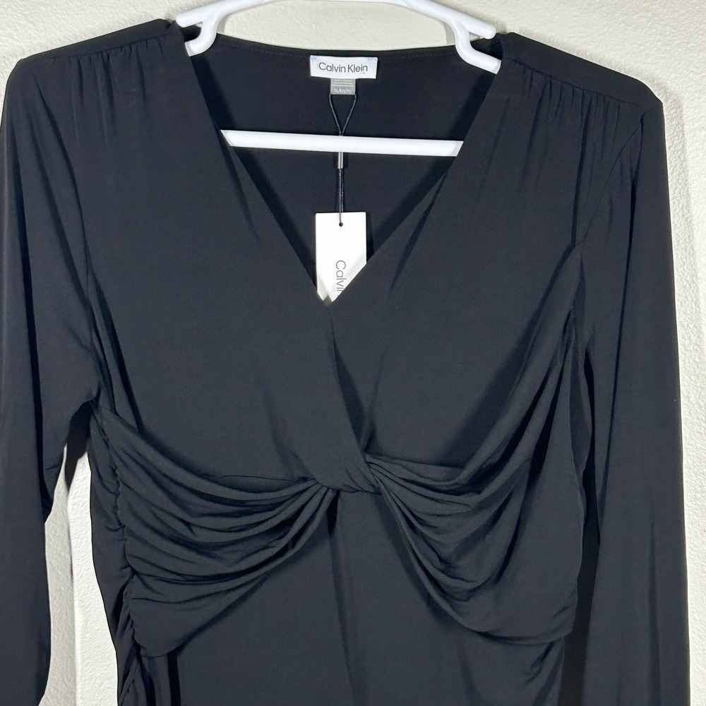 Calvin Klein Womens Black Twist Front Ruched V-Neck Long Sleeve Top XL S27TM01A